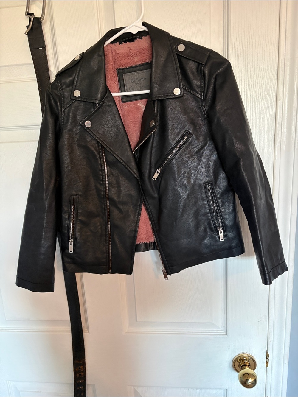 Ci Sono Black Faux Leather Moto Jacket with Pink Sherpa Lining